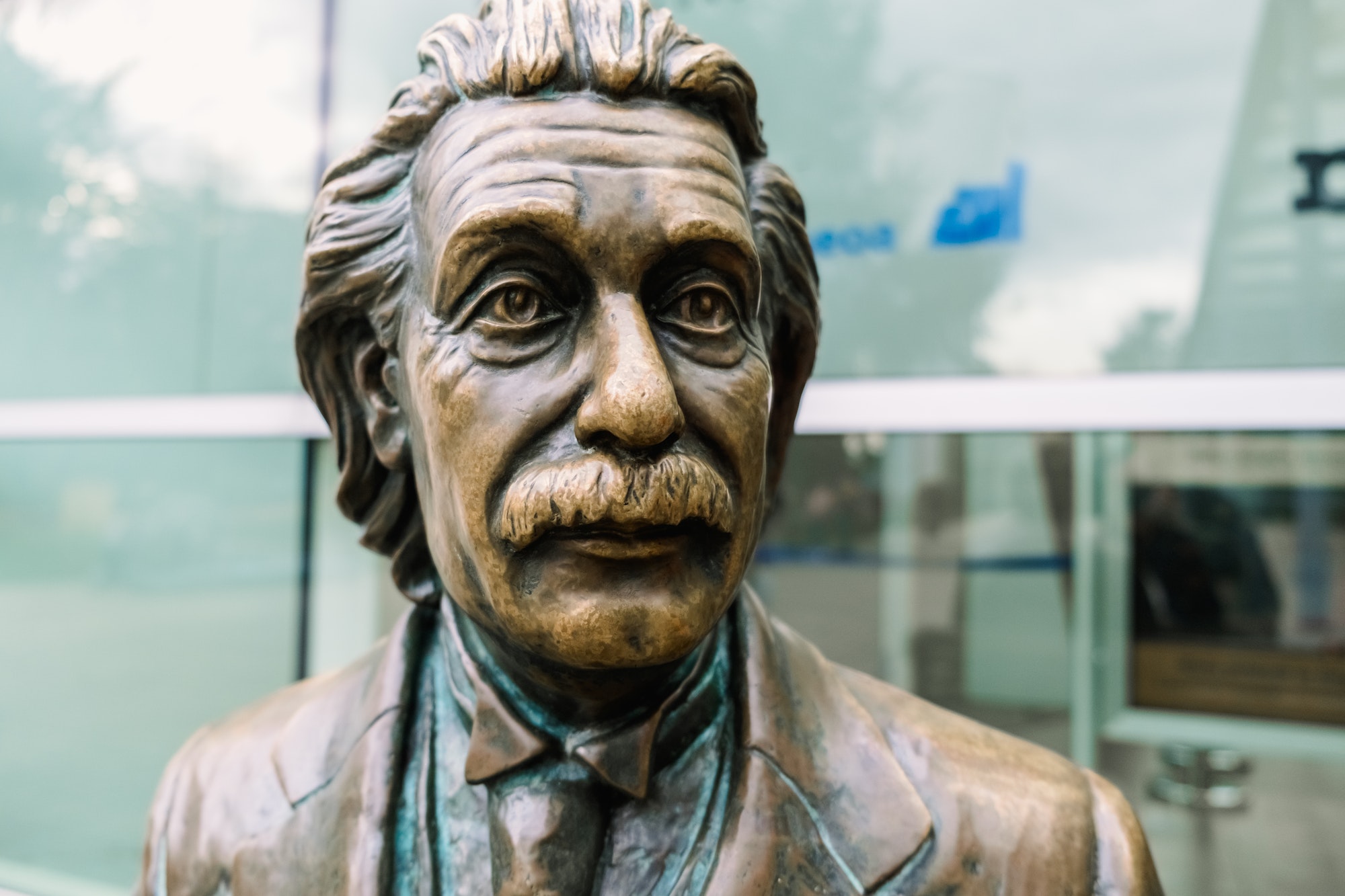 Statue of the scientist Albert Einstein in a public park.