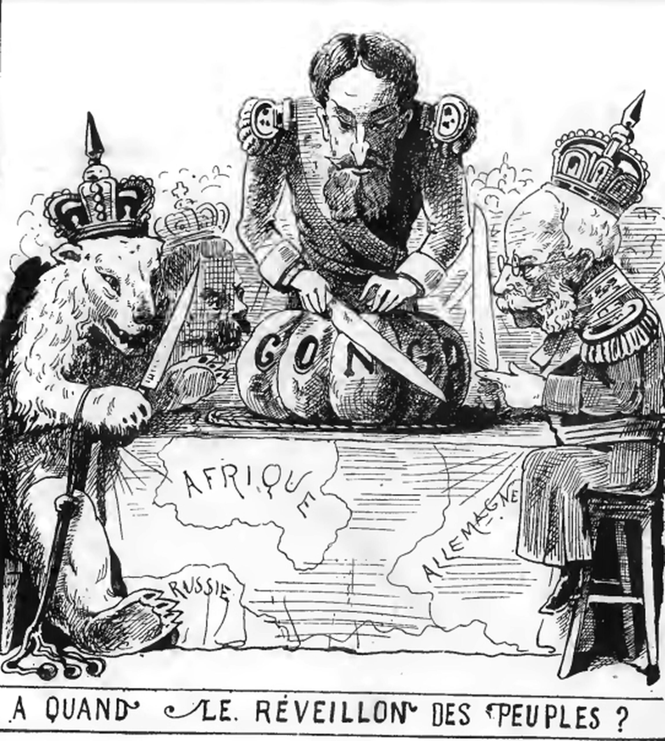 Cartoon depicting Leopold II and other imperial powers at the Berlin Conference