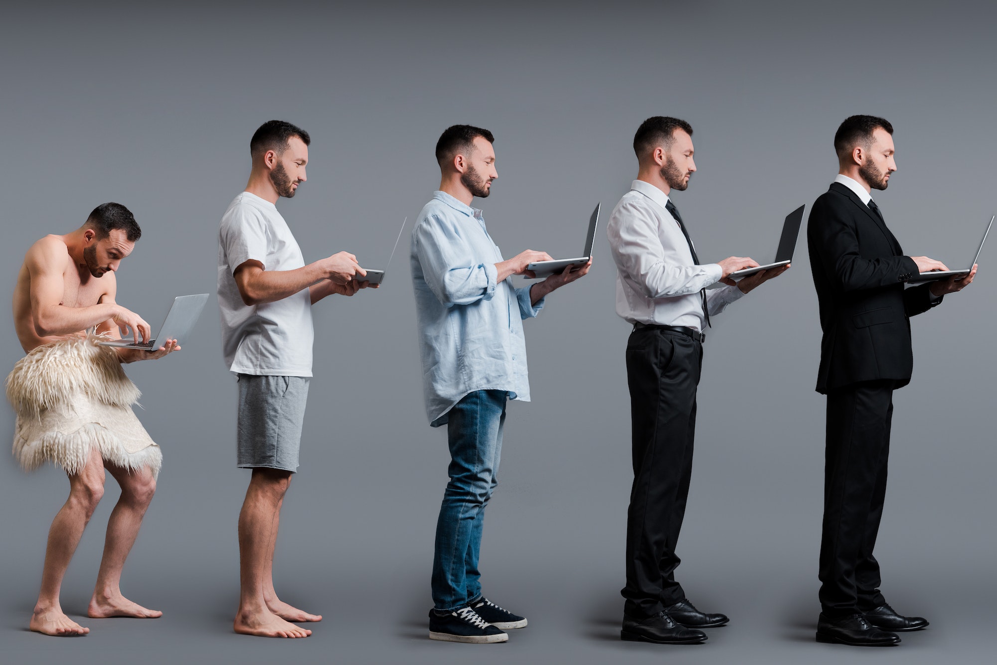 collage of caveman, man and businessman using laptop on grey, evolution concept